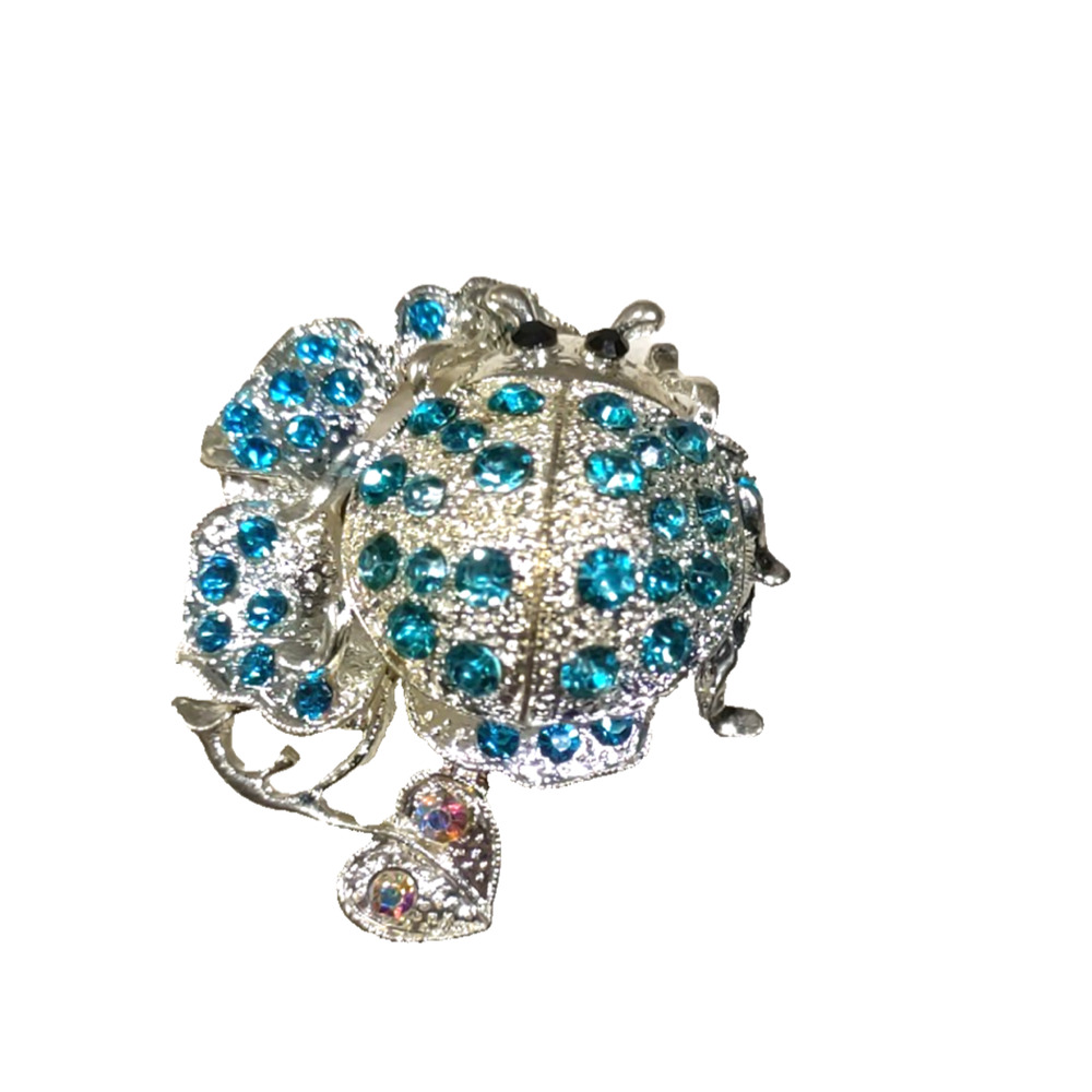 Hair Barrette Tension Clip Silver Tone Beetle Blue Rhinestone Black Eyes Small